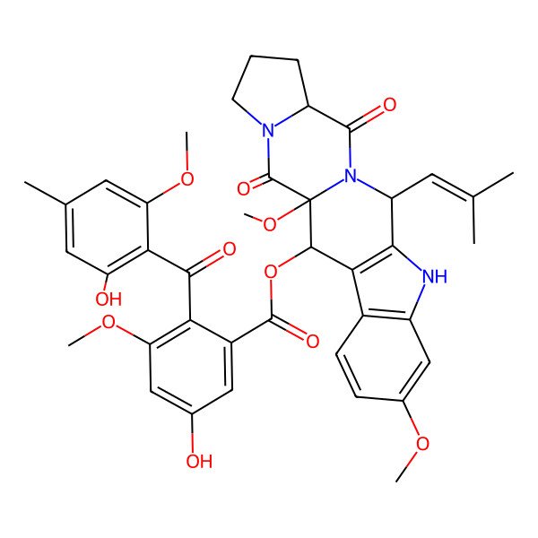 2D Structure of [1,7-Dimethoxy-12-(2-methylprop-1-enyl)-14,20-dioxo-10,13,19-triazapentacyclo[11.7.0.03,11.04,9.015,19]icosa-3(11),4(9),5,7-tetraen-2-yl] 5-hydroxy-2-(2-hydroxy-6-methoxy-4-methylbenzoyl)-3-methoxybenzoate