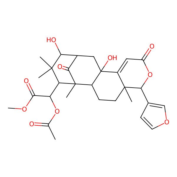 2D Structure of methyl (2S)-2-acetyloxy-2-[(1S,2R,5R,6R,11R,13S,14R,16S)-6-(furan-3-yl)-11,14-dihydroxy-1,5,15,15-tetramethyl-8,17-dioxo-7-oxatetracyclo[11.3.1.02,11.05,10]heptadec-9-en-16-yl]acetate