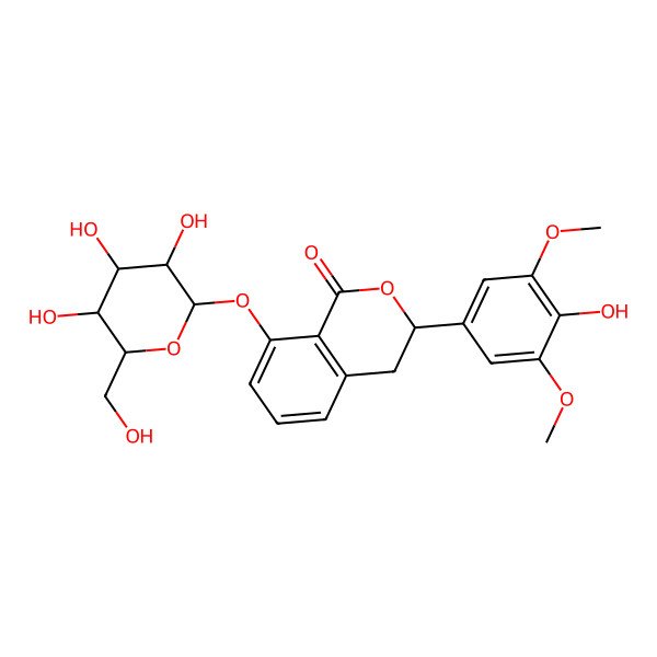 2D Structure of 3-(4-Hydroxy-3,5-dimethoxyphenyl)-8-[3,4,5-trihydroxy-6-(hydroxymethyl)oxan-2-yl]oxy-3,4-dihydroisochromen-1-one