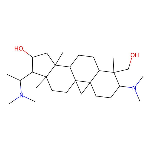 2D Structure of (1S,3R,6S,7R,8R,11S,12S,14R,15S,16R)-6-(dimethylamino)-15-[(1S)-1-(dimethylamino)ethyl]-7-(hydroxymethyl)-7,12,16-trimethylpentacyclo[9.7.0.01,3.03,8.012,16]octadecan-14-ol