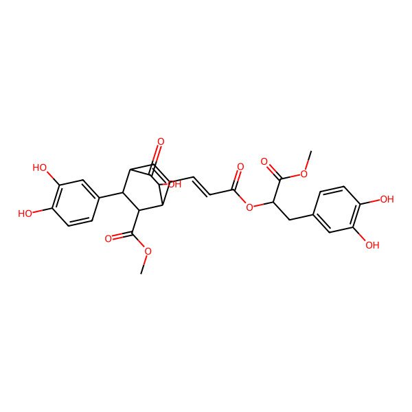 2D Structure of Methyl 3-(3,4-dihydroxyphenyl)-6-[3-[3-(3,4-dihydroxyphenyl)-1-methoxy-1-oxopropan-2-yl]oxy-3-oxoprop-1-enyl]-7-hydroxy-8-oxobicyclo[2.2.2]oct-5-ene-2-carboxylate