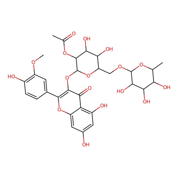 2D Structure of [(2S,3R,4S,5S,6R)-2-[5,7-dihydroxy-2-(4-hydroxy-3-methoxyphenyl)-4-oxochromen-3-yl]oxy-4,5-dihydroxy-6-[[(2R,3S,4R,5R,6R)-3,4,5-trihydroxy-6-methyloxan-2-yl]oxymethyl]oxan-3-yl] acetate