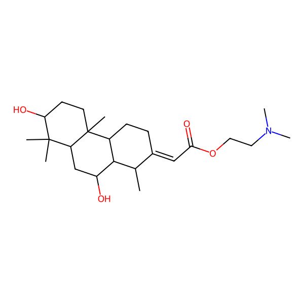 2D Structure of 2-(dimethylamino)ethyl (2E)-2-[(1R,4aR,4bR,7S,8aR,10S,10aR)-7,10-dihydroxy-1,4b,8,8-tetramethyl-3,4,4a,5,6,7,8a,9,10,10a-decahydro-1H-phenanthren-2-ylidene]acetate