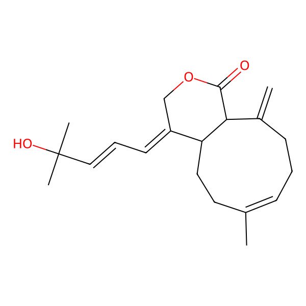 2D Structure of (4E,4aS,7E,11aR)-4-[(E)-4-hydroxy-4-methylpent-2-enylidene]-7-methyl-11-methylidene-4a,5,6,9,10,11a-hexahydrocyclonona[c]pyran-1-one