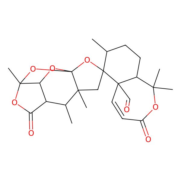 2D Structure of (1S,3S,5S,5'aR,6R,7R,7'S,10R,11S)-1',1',5,6,7',10-hexamethyl-3',8-dioxospiro[2,9,12,13-tetraoxatetracyclo[8.2.1.01,5.07,11]tridecane-3,6'-7,8,9,9a-tetrahydro-2-benzoxepine]-5'a-carbaldehyde