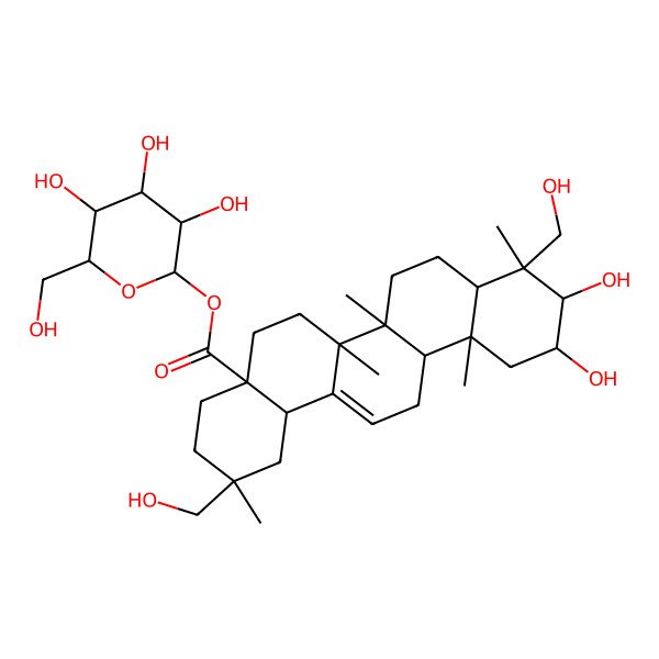 2D Structure of [(2S,3S,5S)-3,4,5-trihydroxy-6-(hydroxymethyl)oxan-2-yl] (2R,4aR,6aS,6bR,9R,10R,11R,12aR)-10,11-dihydroxy-2,9-bis(hydroxymethyl)-2,6a,6b,9,12a-pentamethyl-1,3,4,5,6,6a,7,8,8a,10,11,12,13,14b-tetradecahydropicene-4a-carboxylate