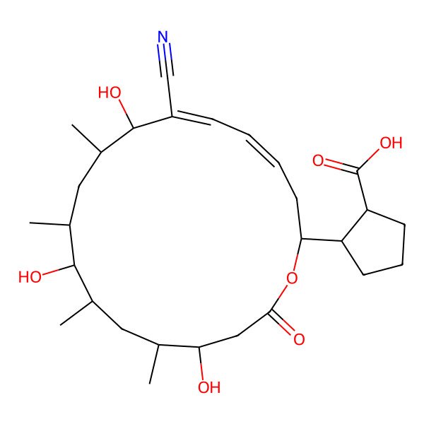 2D Structure of 2-(7-Cyano-8,12,16-trihydroxy-9,11,13,15-tetramethyl-18-oxo-1-oxacyclooctadeca-4,6-dien-2-yl)cyclopentane-1-carboxylic acid