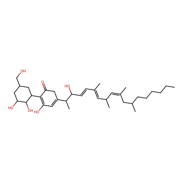 2D Structure of 2-[2,3-Dihydroxy-5-(hydroxymethyl)cyclohexyl]-3-hydroxy-5-(3-hydroxy-6,8,10,12-tetramethyloctadeca-4,6,9-trien-2-yl)cyclohexa-2,4-dien-1-one