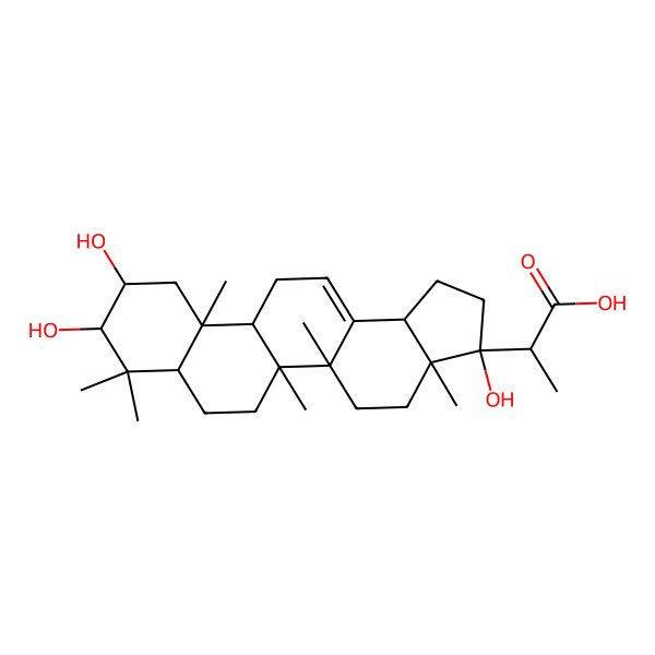 2D Structure of (2S)-2-[(3R,3aS,5aS,5bR,7aR,9R,10S,11aR,11bR,13bR)-3,9,10-trihydroxy-3a,5a,5b,8,8,11a-hexamethyl-2,4,5,6,7,7a,9,10,11,11b,12,13b-dodecahydro-1H-cyclopenta[a]chrysen-3-yl]propanoic acid