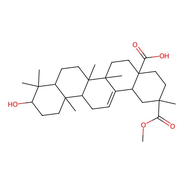 2D Structure of 10-Hydroxy-2-methoxycarbonyl-2,6a,6b,9,9,12a-hexamethyl-1,3,4,5,6,6a,7,8,8a,10,11,12,13,14b-tetradecahydropicene-4a-carboxylic acid 2D Structure of 10-Hydroxy-2-methoxycarbonyl-2,6a,6b,9,9,12a-hexamethyl-1,3,4,5,6,6a,7,8,8a,10,11,12,13,14b-tetradecahydropicene-4a-carboxylic acid
