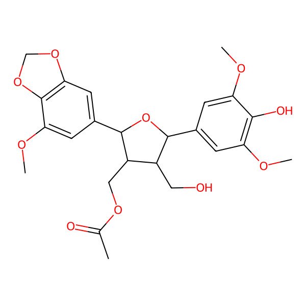 2D Structure of [(2S,3R,4R,5R)-5-(4-hydroxy-3,5-dimethoxyphenyl)-4-(hydroxymethyl)-2-(7-methoxy-1,3-benzodioxol-5-yl)oxolan-3-yl]methyl acetate