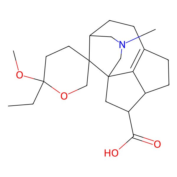 2D Structure of (1S,2'R,5R,11S,12S,15R)-2'-ethyl-2'-methoxy-3-methylspiro[3-azatetracyclo[6.5.1.11,5.011,14]pentadec-8(14)-ene-15,5'-oxane]-12-carboxylic acid