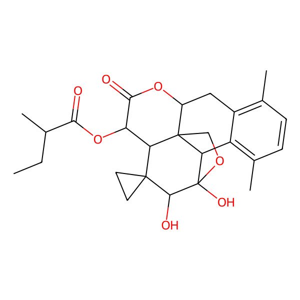 2D Structure of (4,5-Dihydroxy-14,17-dimethyl-9-oxospiro[3,10-dioxapentacyclo[9.8.0.01,7.04,19.013,18]nonadeca-13,15,17-triene-6,1'-cyclopropane]-8-yl) 2-methylbutanoate