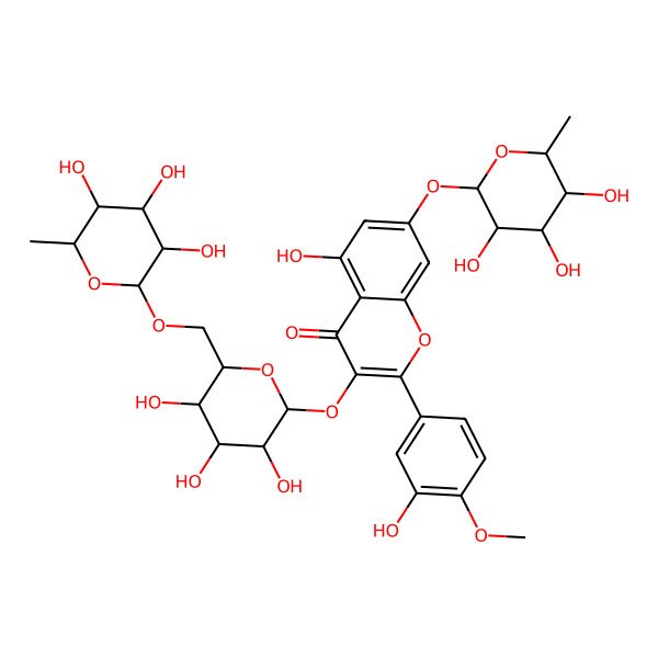 2D Structure of 5-hydroxy-2-(3-hydroxy-4-methoxyphenyl)-7-[(2S,3R,4S,5R,6R)-3,4,5-trihydroxy-6-methyloxan-2-yl]oxy-3-[(2S,3R,4R,5R,6R)-3,4,5-trihydroxy-6-[[(2R,3R,4S,5R,6S)-3,4,5-trihydroxy-6-methyloxan-2-yl]oxymethyl]oxan-2-yl]oxychromen-4-one