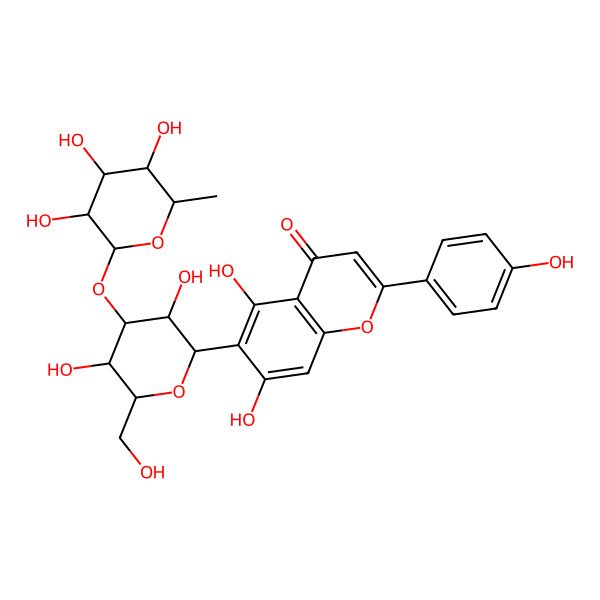 2D Structure of 6-[(2R,3S,4R,5R,6R)-3,5-dihydroxy-6-(hydroxymethyl)-4-[(2R,3R,4R,5R,6S)-3,4,5-trihydroxy-6-methyloxan-2-yl]oxyoxan-2-yl]-5,7-dihydroxy-2-(4-hydroxyphenyl)chromen-4-one
