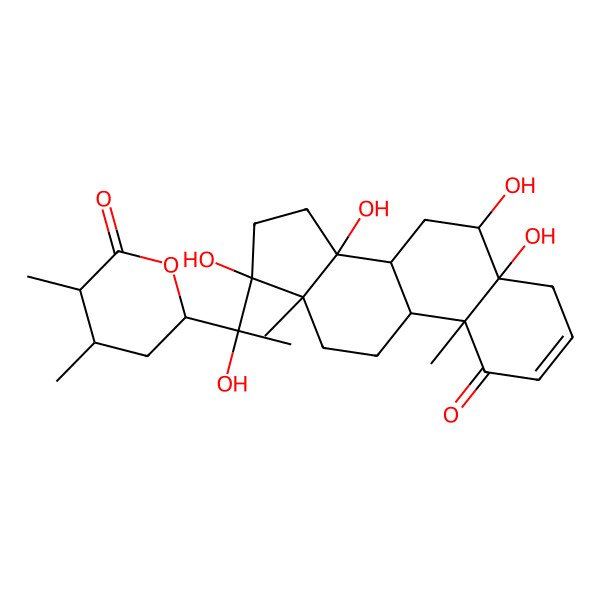 2D Structure of (3R,4S,6R)-6-[(1S)-1-hydroxy-1-[(5R,6R,8R,9S,10R,13S,14R,17S)-5,6,14,17-tetrahydroxy-10,13-dimethyl-1-oxo-6,7,8,9,11,12,15,16-octahydro-4H-cyclopenta[a]phenanthren-17-yl]ethyl]-3,4-dimethyloxan-2-one