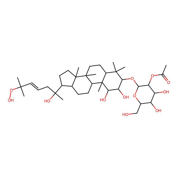 2D Structure of [(2R,3R,4S,5S,6R)-2-[[(1S,2R,3R,5S,8R,9S,10R,13R,14R,17S)-17-[(E,2R)-6-hydroperoxy-2-hydroxy-6-methylhept-4-en-2-yl]-1,2-dihydroxy-4,4,8,10,14-pentamethyl-2,3,5,6,7,9,11,12,13,15,16,17-dodecahydro-1H-cyclopenta[a]phenanthren-3-yl]oxy]-4,5-dihydroxy-6-(hydroxymethyl)oxan-3-yl] acetate