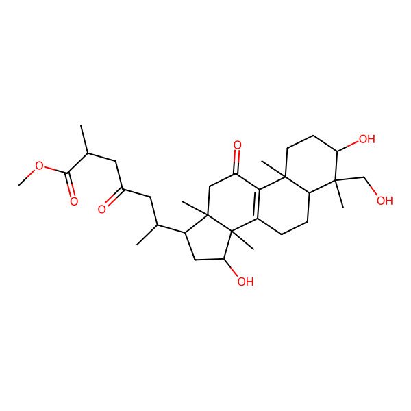 2D Structure of methyl (2R,6R)-6-[(3S,4S,5R,10S,13R,14R,15S,17R)-3,15-dihydroxy-4-(hydroxymethyl)-4,10,13,14-tetramethyl-11-oxo-1,2,3,5,6,7,12,15,16,17-decahydrocyclopenta[a]phenanthren-17-yl]-2-methyl-4-oxoheptanoate