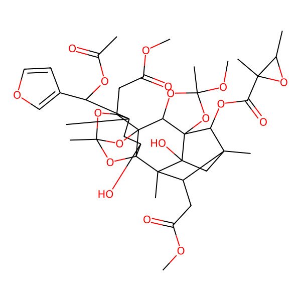 2D Structure of [(1R,2R,3R,5R,6S,7S,9R,11R,12S,14R,16S,17S,19R,21S)-17-[(S)-acetyloxy(furan-3-yl)methyl]-3,19-dihydroxy-9-methoxy-16,21-bis(2-methoxy-2-oxoethyl)-2,5,9,14,17-pentamethyl-8,10,13,15,20-pentaoxaheptacyclo[12.5.1.12,5.01,12.03,7.07,11.012,16]henicosan-6-yl] (2S,3R)-2,3-dimethyloxirane-2-carboxylate