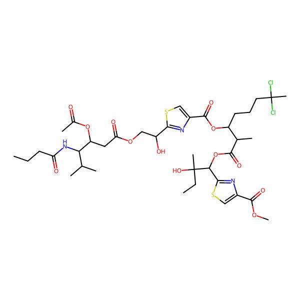 2D Structure of [7,7-Dichloro-1-[2-hydroxy-1-(4-methoxycarbonyl-1,3-thiazol-2-yl)-2-methylbutoxy]-2-methyl-1-oxooctan-3-yl] 2-[2-[3-acetyloxy-4-(butanoylamino)-5-methylhexanoyl]oxy-1-hydroxyethyl]-1,3-thiazole-4-carboxylate