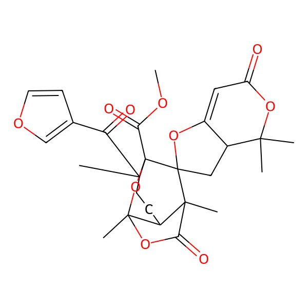 2D Structure of methyl (1'S,2'S,3aS,5'R,6'R,8'R)-5'-(furan-3-carbonyl)-1',4,4,5',8'-pentamethyl-6,10'-dioxospiro[3,3a-dihydrofuro[3,2-c]pyran-2,11'-7,9-dioxatricyclo[4.4.1.02,8]undecane]-6'-carboxylate