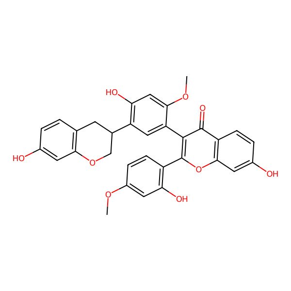 2D Structure of 7-hydroxy-3-[4-hydroxy-5-[(3R)-7-hydroxy-3,4-dihydro-2H-chromen-3-yl]-2-methoxyphenyl]-2-(2-hydroxy-4-methoxyphenyl)chromen-4-one