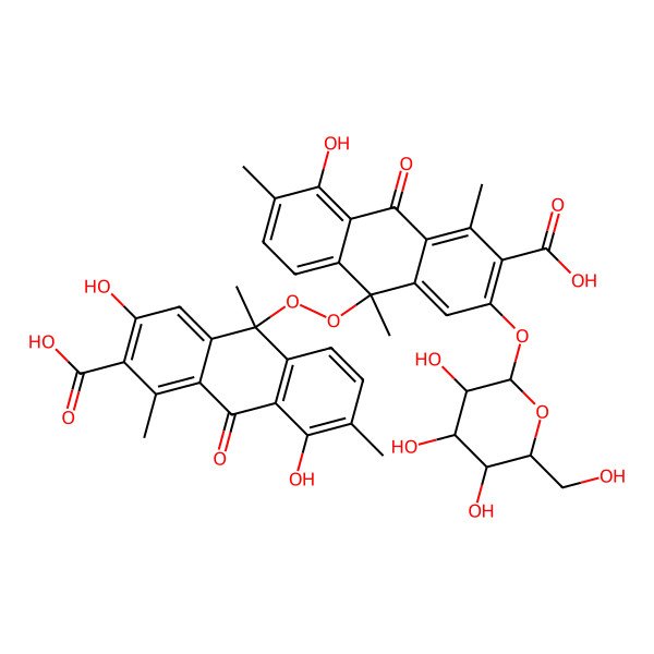 2D Structure of (10S)-10-[(9S)-3-carboxy-5-hydroxy-4,6,9-trimethyl-10-oxo-2-[(2S,3S,4R,5S,6S)-3,4,5-trihydroxy-6-(hydroxymethyl)oxan-2-yl]oxyanthracen-9-yl]peroxy-3,8-dihydroxy-1,7,10-trimethyl-9-oxoanthracene-2-carboxylic acid