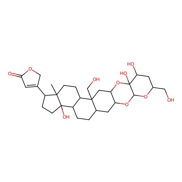 2D Structure of 3-[9,10,22-trihydroxy-7,14-bis(hydroxymethyl)-18-methyl-4,6,11-trioxahexacyclo[12.11.0.03,12.05,10.015,23.018,22]pentacosan-19-yl]-2H-furan-5-one