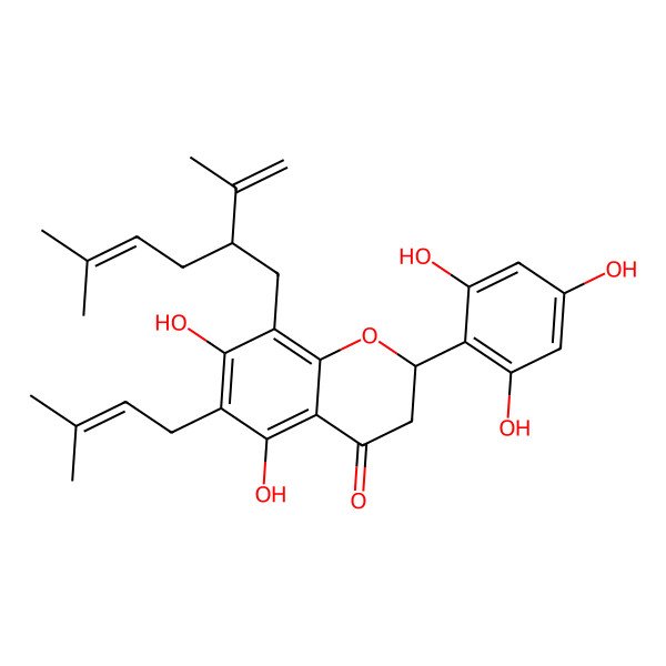 2D Structure of (2S)-5,7-dihydroxy-6-(3-methylbut-2-enyl)-8-[(2S)-5-methyl-2-prop-1-en-2-ylhex-4-enyl]-2-(2,4,6-trihydroxyphenyl)-2,3-dihydrochromen-4-one