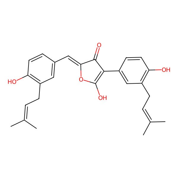2D Structure of (2Z)-5-hydroxy-4-[4-hydroxy-3-(3-methylbut-2-enyl)phenyl]-2-[[4-hydroxy-3-(3-methylbut-2-enyl)phenyl]methylidene]furan-3-one