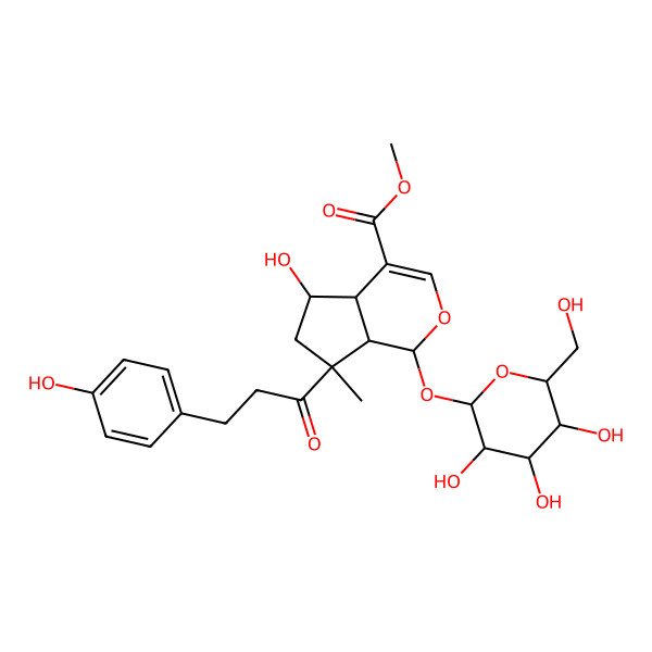 2D Structure of methyl (1S,4aS,5R,7S,7aS)-5-hydroxy-7-[3-(4-hydroxyphenyl)propanoyl]-7-methyl-1-[(2S,3R,4S,5S,6R)-3,4,5-trihydroxy-6-(hydroxymethyl)oxan-2-yl]oxy-4a,5,6,7a-tetrahydro-1H-cyclopenta[c]pyran-4-carboxylate