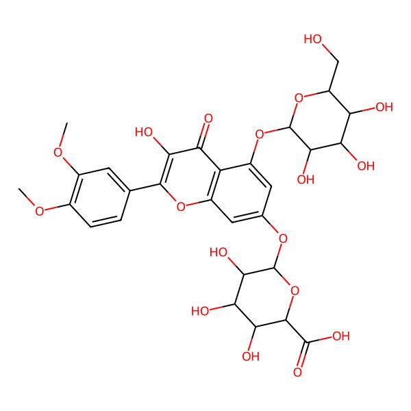 2D Structure of (2S,3S,4S,5R,6S)-6-[2-(3,4-dimethoxyphenyl)-3-hydroxy-4-oxo-5-[(2S,3R,4S,5S,6R)-3,4,5-trihydroxy-6-(hydroxymethyl)oxan-2-yl]oxychromen-7-yl]oxy-3,4,5-trihydroxyoxane-2-carboxylic acid
