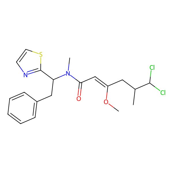 2D Structure of (E,5S)-6,6-dichloro-3-methoxy-N,5-dimethyl-N-[2-phenyl-1-(1,3-thiazol-2-yl)ethyl]hex-2-enamide