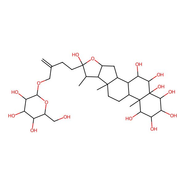 2D Structure of (1S,2S,4S,6R,7S,8R,9S,12S,13S,14S,15S,16S,17S,18S,19R,20S)-7,9,13-trimethyl-6-[3-[[(2R,3R,4S,5S,6R)-3,4,5-trihydroxy-6-(hydroxymethyl)oxan-2-yl]oxymethyl]but-3-enyl]-5-oxapentacyclo[10.8.0.02,9.04,8.013,18]icosane-6,14,15,16,17,18,19,20-octol