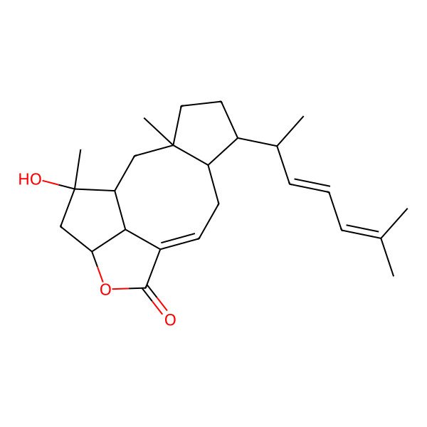 2D Structure of 15-Hydroxy-3,15-dimethyl-6-(6-methylhepta-3,5-dien-2-yl)-12-oxatetracyclo[8.5.1.03,7.013,16]hexadec-9-en-11-one