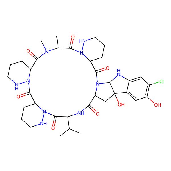 2D Structure of 36-Chloro-32,35-dihydroxy-10,11-dimethyl-27-propan-2-yl-1,7,8,11,17,18,24,25,28,39-decazaheptacyclo[28.10.0.03,8.013,18.020,25.032,40.033,38]tetraconta-33,35,37-triene-2,9,12,19,26,29-hexone
