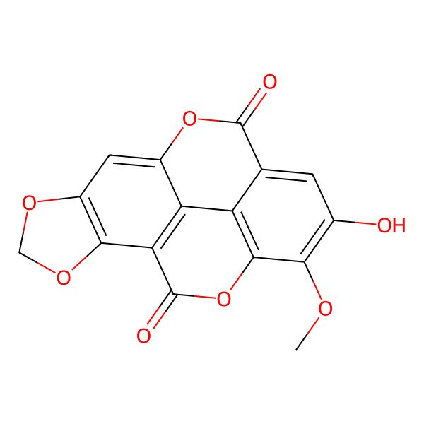 2D Structure of 13-Hydroxy-14-methoxy-3,5,9,16-tetraoxapentacyclo[9.6.2.02,6.08,18.015,19]nonadeca-1(18),2(6),7,11,13,15(19)-hexaene-10,17-dione