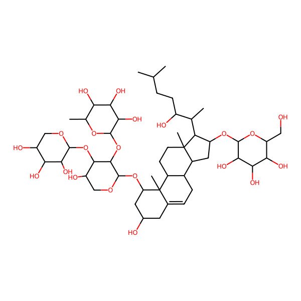 2D Structure of 2-[5-hydroxy-2-[[3-hydroxy-17-(3-hydroxy-6-methylheptan-2-yl)-10,13-dimethyl-16-[3,4,5-trihydroxy-6-(hydroxymethyl)oxan-2-yl]oxy-2,3,4,7,8,9,11,12,14,15,16,17-dodecahydro-1H-cyclopenta[a]phenanthren-1-yl]oxy]-4-(3,4,5-trihydroxyoxan-2-yl)oxyoxan-3-yl]oxy-6-methyloxane-3,4,5-triol