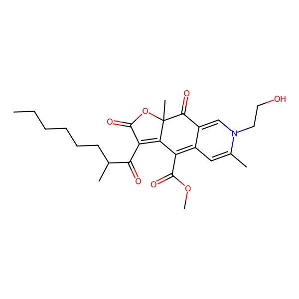 2D Structure of Methyl 7-(2-hydroxyethyl)-6,9a-dimethyl-3-(2-methyloctanoyl)-2,9-dioxofuro[3,2-g]isoquinoline-4-carboxylate