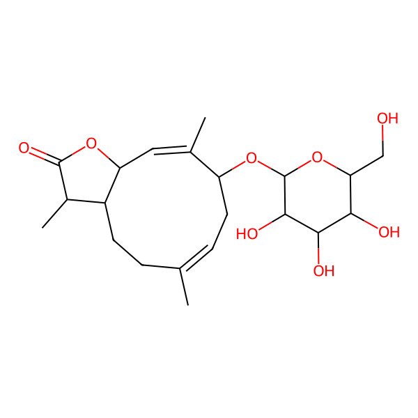 2D Structure of (3S,3aS,6E,9R,10E,11aS)-3,6,10-trimethyl-9-[(2R,3R,4S,5S,6R)-3,4,5-trihydroxy-6-(hydroxymethyl)oxan-2-yl]oxy-3a,4,5,8,9,11a-hexahydro-3H-cyclodeca[b]furan-2-one