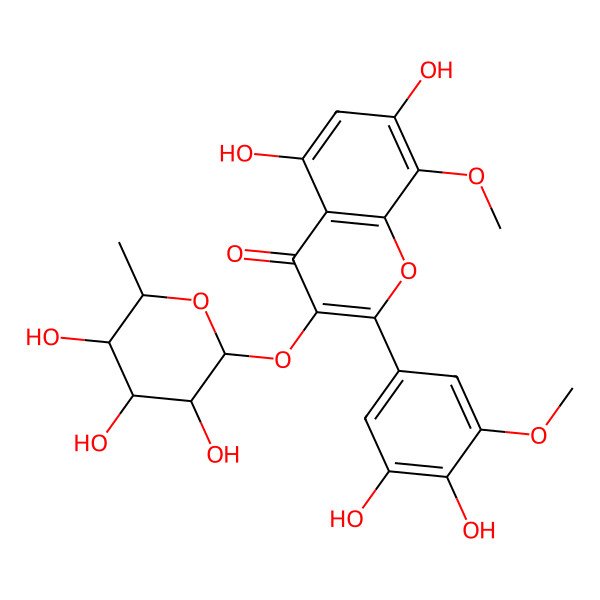2D Structure of 2-(3,4-dihydroxy-5-methoxyphenyl)-5,7-dihydroxy-8-methoxy-3-[(2S,3S,4R,5R,6S)-3,4,5-trihydroxy-6-methyloxan-2-yl]oxychromen-4-one