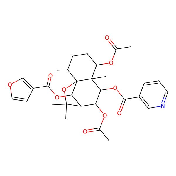 2D Structure of [(1R,2R,5S,6R,7R,8S,9S,12R)-5,8-diacetyloxy-12-(furan-3-carbonyloxy)-2,6,10,10-tetramethyl-11-oxatricyclo[7.2.1.01,6]dodecan-7-yl] pyridine-3-carboxylate