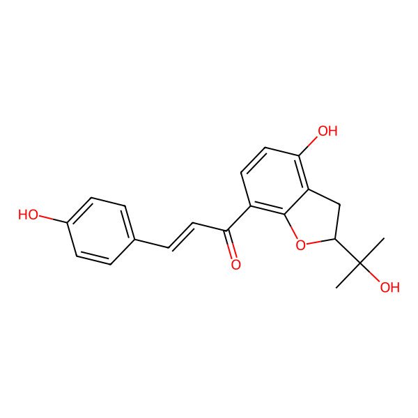 2D Structure of (E)-1-[(2R)-4-hydroxy-2-(2-hydroxypropan-2-yl)-2,3-dihydro-1-benzofuran-7-yl]-3-(4-hydroxyphenyl)prop-2-en-1-one