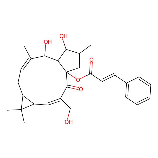 2D Structure of [(1R,3E,5R,7S,9Z,11R,12R,13S,14S)-11,13-dihydroxy-3-(hydroxymethyl)-6,6,10,14-tetramethyl-2-oxo-1-tricyclo[10.3.0.05,7]pentadeca-3,9-dienyl] (E)-3-phenylprop-2-enoate