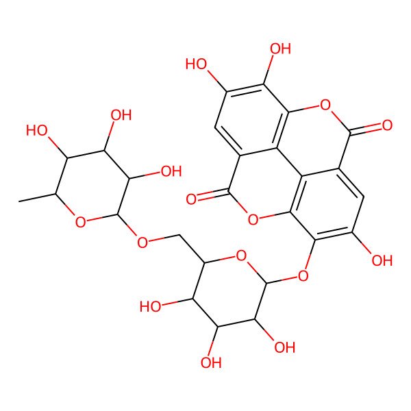 2D Structure of 6,7,13-Trihydroxy-14-[3,4,5-trihydroxy-6-[(3,4,5-trihydroxy-6-methyloxan-2-yl)oxymethyl]oxan-2-yl]oxy-2,9-dioxatetracyclo[6.6.2.04,16.011,15]hexadeca-1(15),4,6,8(16),11,13-hexaene-3,10-dione