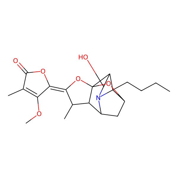2D Structure of 5-[(1R,4S,5R,6R,8R,9R,12R,13R)-9-butyl-12-hydroxy-4-methyl-2,14-dioxa-10-azapentacyclo[6.5.1.01,5.06,10.09,13]tetradecan-3-ylidene]-4-methoxy-3-methylfuran-2-one
