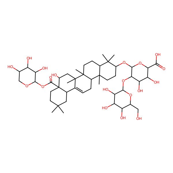 2D Structure of (2S,3S,4S,5R,6R)-6-[[(3S,4aR,6aR,6bS,8R,8aR,12aS,14aR,14bR)-8-hydroxy-4,4,6a,6b,11,11,14b-heptamethyl-8a-[(2S,3R,4S,5R)-3,4,5-trihydroxyoxan-2-yl]oxycarbonyl-1,2,3,4a,5,6,7,8,9,10,12,12a,14,14a-tetradecahydropicen-3-yl]oxy]-3,4-dihydroxy-5-[(2S,3R,4S,5R,6R)-3,4,5-trihydroxy-6-(hydroxymethyl)oxan-2-yl]oxyoxane-2-carboxylic acid