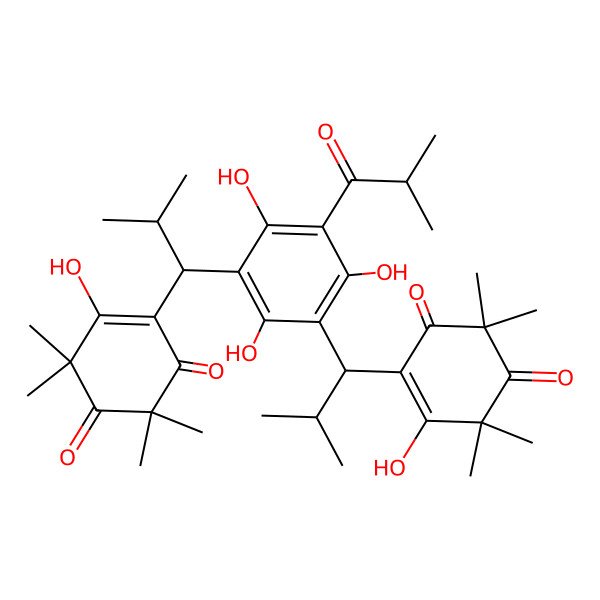2D Structure of 5-hydroxy-2,2,6,6-tetramethyl-4-[(1S)-2-methyl-1-[2,4,6-trihydroxy-3-[(1R)-1-(2-hydroxy-3,3,5,5-tetramethyl-4,6-dioxocyclohexen-1-yl)-2-methylpropyl]-5-(2-methylpropanoyl)phenyl]propyl]cyclohex-4-ene-1,3-dione