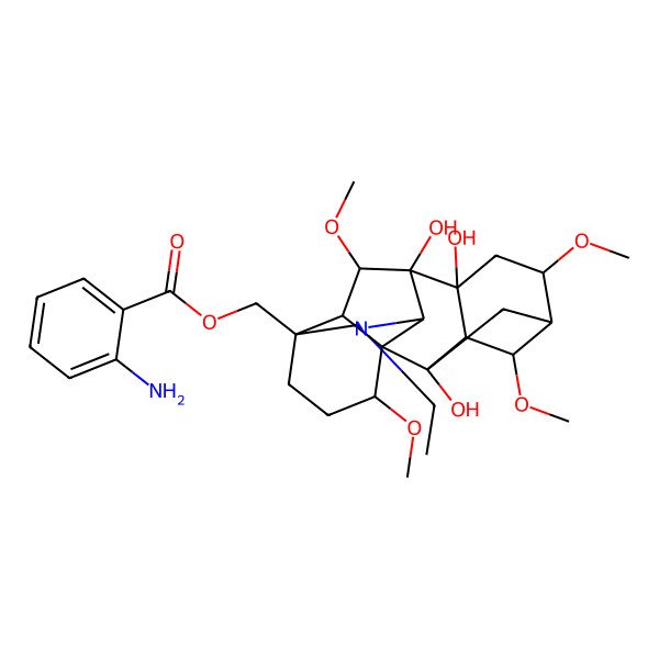 2D Structure of [(1R,2S,3S,4S,5R,6S,8R,9S,10S,13S,16S,17R,18S)-11-ethyl-2,8,9-trihydroxy-4,6,16,18-tetramethoxy-11-azahexacyclo[7.7.2.12,5.01,10.03,8.013,17]nonadecan-13-yl]methyl 2-aminobenzoate