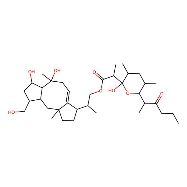 2D Structure of 2-[10,12-Dihydroxy-14-(hydroxymethyl)-3,10-dimethyl-6-tricyclo[9.3.0.03,7]tetradec-7-enyl]propyl 2-[2-hydroxy-3,5-dimethyl-6-(3-oxohexan-2-yl)oxan-2-yl]propanoate